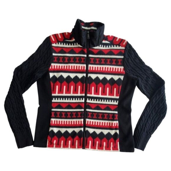 Lauren Ralph Lauren Geometric Print Fleece & Cable Knit Sweater Size L - Picture 1 of 13